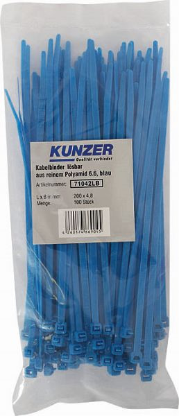 Colliers de serrage Kunzer 200 x 4,8 bleus (100 pièces) détachables, 71042LB