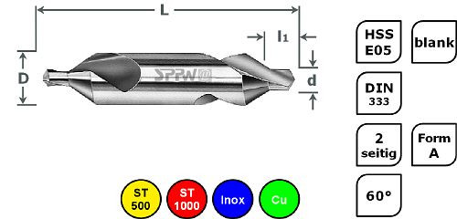 Foret à centrer SPPW HSS-E05 DIN333 forme A - 0,50x3,15, UE : 10 pièces, 1233400050
