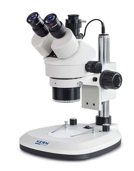 Microscope stéréo zoom KERN Optics avec éclairage annulaire, Greenough 0,7 x - 4,5 x, trinoculaire, Oculaire HWF 10x / Ø 20mm, OZL 466