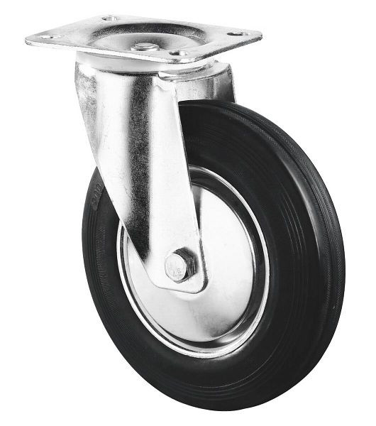 Rouleau de transport BS rollers, largeur de roue 50 mm, roue Ø 200 mm, capacité de charge 205 kg, caoutchouc noir, corps de roue jante en acier, roulement à rouleaux, plaque, L400.B55.201