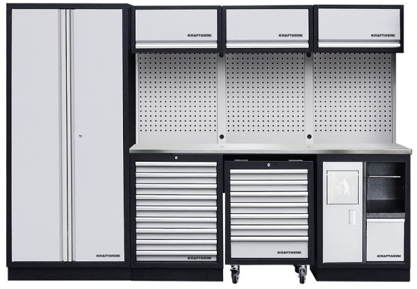 Kraftwerk MOBILIO Système d'armoires d'atelier à 4 éléments avec armoire à roulettes et plan de travail en acier inoxydable inoxydable, avec paroi carrée perforée, 3964DIX