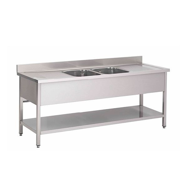 Évier Gastro-Inox avec 2 bacs au milieu et étagère inférieure, 1200(L)x600(P)x880(H)mm, 305.411