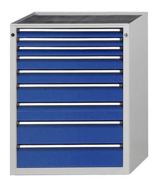 Armoire à tiroirs ANKE; 765x700x1020 mm; RAL 7035/5010; Plateau en hêtre massif 40 mm; 9 tiroirs 60, 60, 60, 90, 90, 120, 120, 150, 150 mm, 610.015