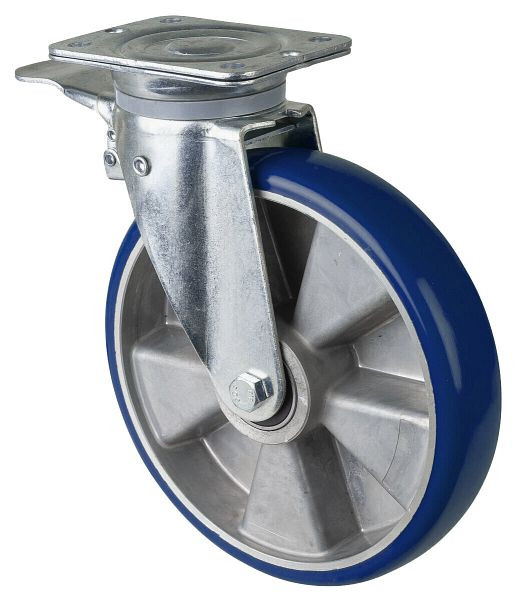 Roulette pivotante pour charges lourdes BS Wheels avec frein, roue en polyuréthane 83 Shore, jante en aluminium, roulement à billes, platine, diamètre : 250 mm, N120.B92.250