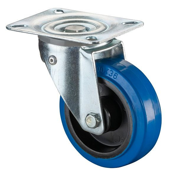 Roulettes BS Roulette pivotante, bandages élastiques bleus, jante en plastique, roulement à rouleaux avec blocage directionnel 360° en fonction de la charge, pack : 2 pièces, L300.B61.100