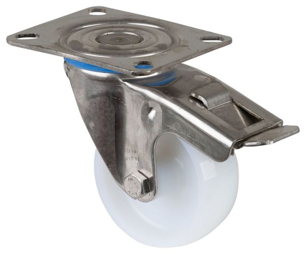Rouleau de transport en acier inoxydable avec frein, largeur 30 mm, Ø80 mm, jusqu'à 100 kg, bande de roulement/corps de roue en plastique, palier lisse, plaque, H120.A90.080