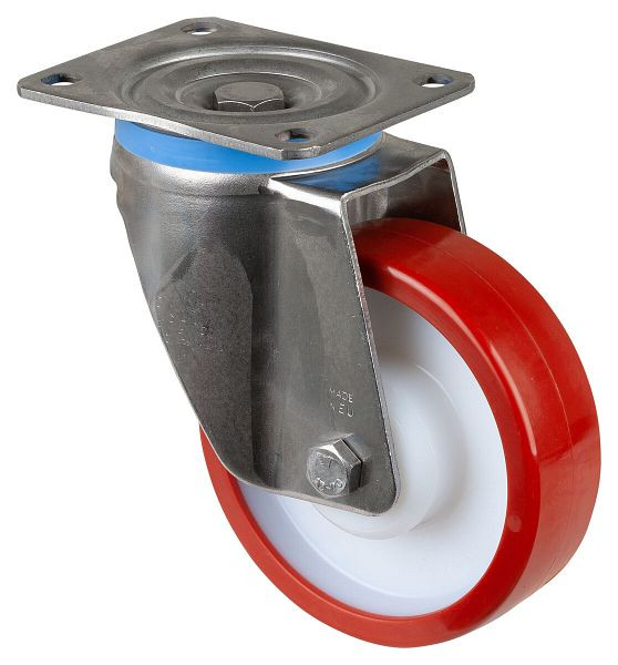 Roulette pivotante pour charges lourdes en acier inoxydable, roue en polyuréthane rouge, roulement lisse, plaque à visser 150 mm, capacité de charge 600 kg, HS100.B27.150