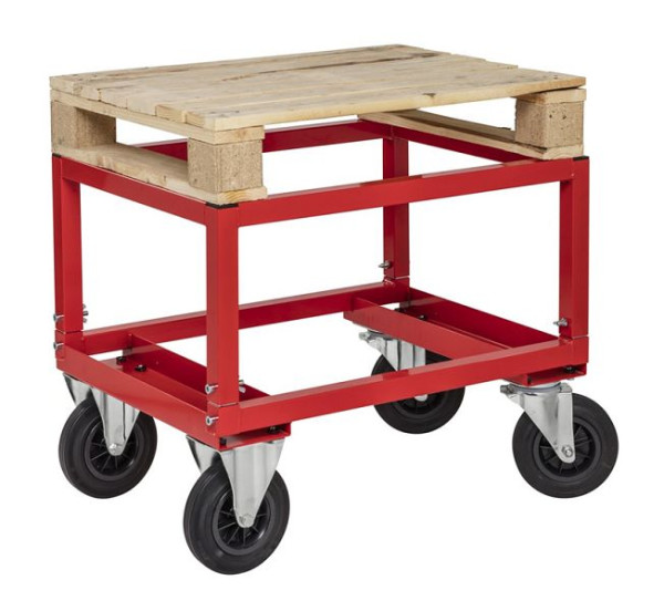 Chariot à palette Kongamek - bas, 2 roulettes fixes et 2 pivotantes en caoutchouc plein avec freins, Rouge, 800 x 600 x 654 mm, KM222-HB