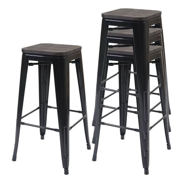 Ensemble de 4 tabourets de bar Mendler HWC-A73 avec assise en bois, tabouret de bar, design industriel en métal, empilable, noir, 70766