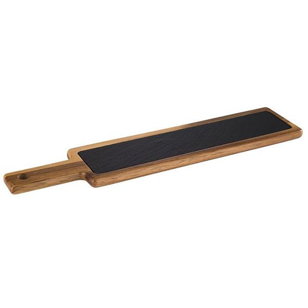 Planche de service APS, 2 parties, 43 x 12 cm, hauteur : 2 cm, bois d'acacia, ardoise naturelle, manche : 12 cm, avec trou de suspension : Ø 2 cm, 00813