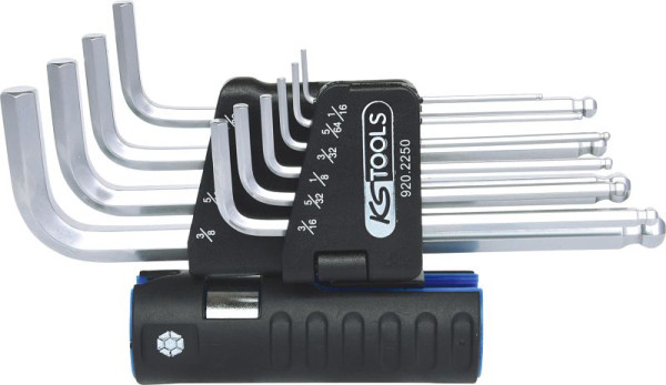 KS Tools Jeu de clés Allen 3 en 1, 10 pièces de long, tête sphérique, pouces, 920.2250