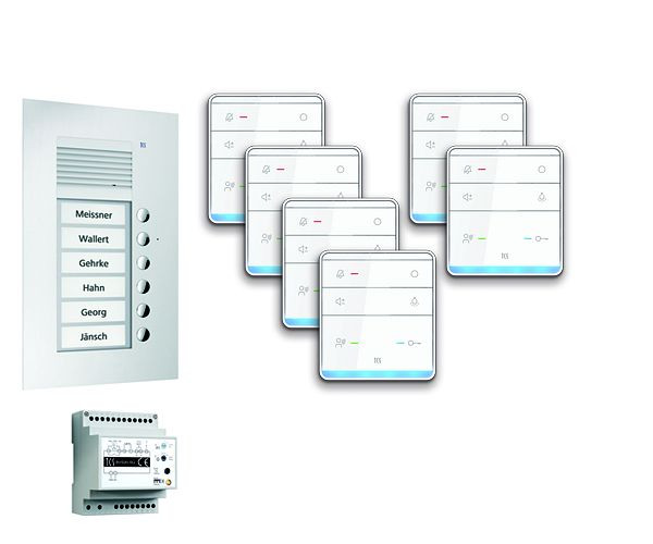 Système de commande de porte audio TCS : pack UP pour 6 unités résidentielles, avec poste extérieur PUK 6 boutons de sonnerie, 6x haut-parleur mains libres ISW5010, unité de commande BVS20, PPUF06-EN / 01