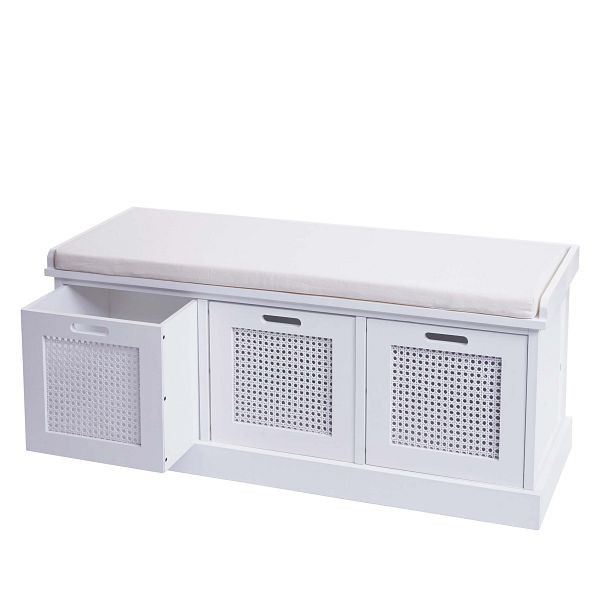 Banc Mendler HWC-J49, banc rembourré, banc de vestiaire, coussins, boîtes de rangement, compartiment de rangement 47x110x40cm, blanc, rembourrage blanc crème, 80904