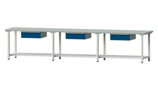 Table de travail ANKE, modèle 203, 4050 x 800 x 850 mm, RAL 7035/5010, ZBP 50 mm, 401.546