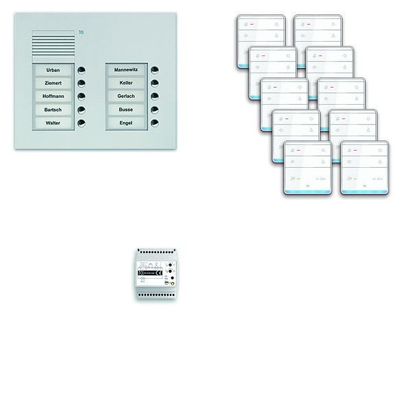 Système de commande de porte audio TCS : pack UP pour 10 unités résidentielles, poste extérieur PUK 10 boutons de sonnerie 2 colonnes, 10x haut-parleur mains libres ISW5010, commande, PPUF10 / 2-EN / 01