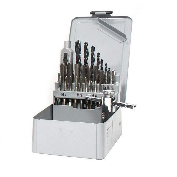 Jeu de tarauds manuels GSR 30 pièces M3-M12 HSSG avec clé à taraud n° 1.1/2, porte-outil n° 1 et forets à carottage, 08308020