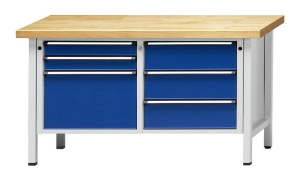 Établi d'armoire ANKE; 1500x700 mm; RAL 7035/5010; A gauche 3 tiroirs 90, 90, 360 mm; A droite 3 tiroirs 180 mm