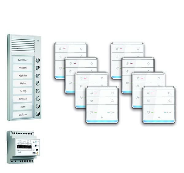 Système de commande de porte audio TCS : pack AP pour 8 unités résidentielles, avec poste extérieur PAK 8 boutons de sonnerie, 8x haut-parleur mains libres ISW5010, unité de contrôle BVS20, PPAF08-EN / 01