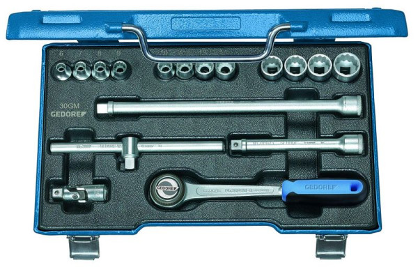 Jeu de clés à douilles GEDORE 3/8", 17 pièces, profil 12 pans, cliquet réversible, 6240200