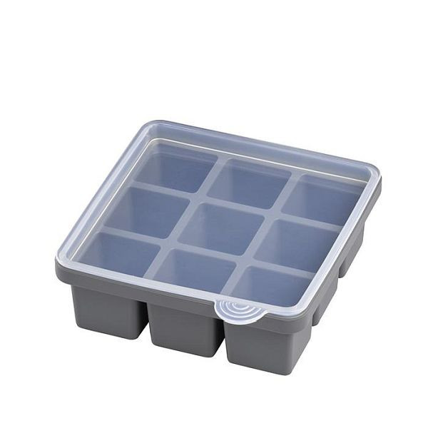 Bac à glaçons APS, 15,5 x 15,5 cm, hauteur : 5,5 cm, silicone, gris, avec couvercle transparent, chacun pour 9 glaçons, paquet : 2 pièces, 36102