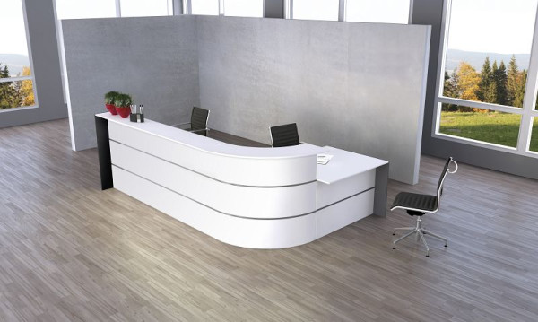 Kerkmann Bari grand comptoir en L avec espace de consultation, L 3700 mm x P 2000 mm x H 1120 mm, couleur : blanc/anthracite, 21356810