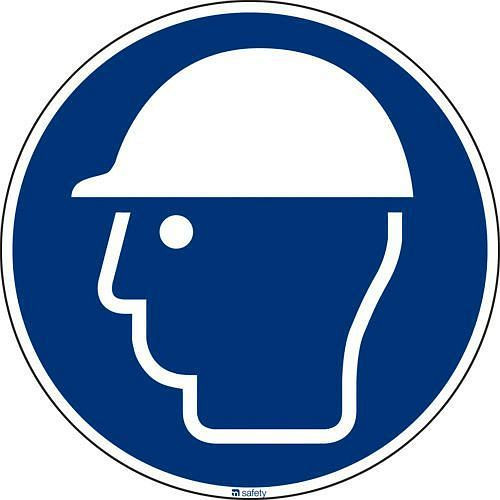 Panneau obligatoire DENIOS "Utiliser une protection de la tête", ISO 7010, aluminium, 300 mm, lot de 5, 266782