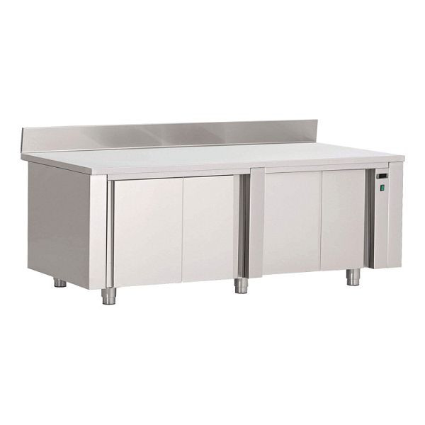 Armoire chauffante Gastro-Inox en acier inoxydable AISI 430 avec dosseret 2400x700x850mm, thermostat numérique & affichage de la température, étagère perforée, 304.052