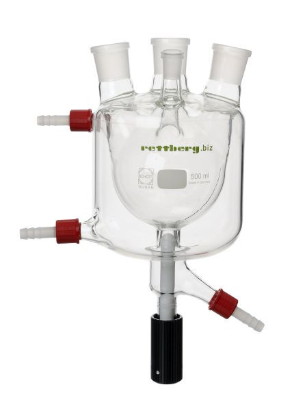Ballon Rettberg à 4 cols, 4000 ml, avec chemise de contrôle de température, MH NS 29, SH 2x NS 29, 1x NS 14,5 incliné, vanne de fond 0 - 10 mm, 134201071