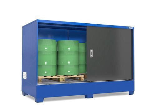 Dépôt de substances dangereuses DENIOS SteelSafe 2C, avec portes coulissantes, pour 2 IBC ou 8 fûts, 281-129