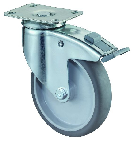 Roulettes BS Roulette pour appareil lourd avec frein, largeur 31 mm, Ø125 mm, jusqu'à 100 kg, caoutchouc gris, palier lisse, platine, lot de 2, C120.A80.125