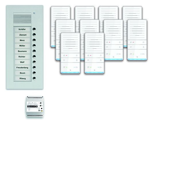 Système de commande de porte audio TCS : pack UP pour 10 unités résidentielles, avec poste extérieur PUK 10 boutons de sonnerie, 10x haut-parleur mains libres ISW5031, unité de commande BVS20, PAUF101 / 001