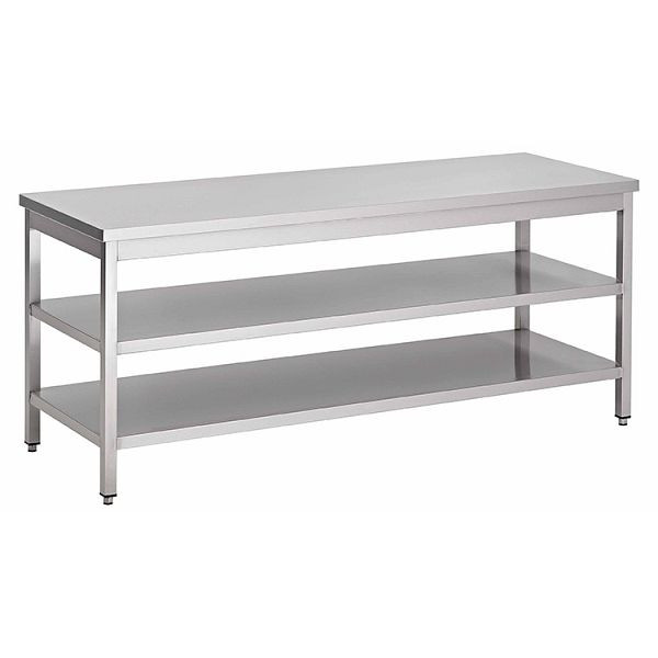 Table de travail Gastro-Inox en acier inoxydable AISI 430 avec double base, 700x700x850mm, renforcée de 18 mm d'épaisseur, aggloméré enduit, 301.301