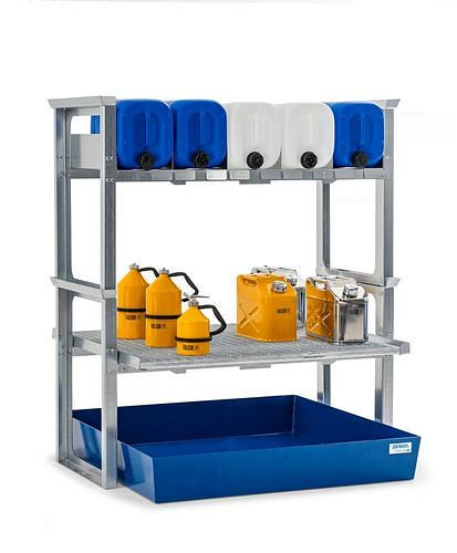 Support pour bidons et petits récipients DENIOS, avec plateau en acier, 1429 x 1210 x 1637 mm, 291-791