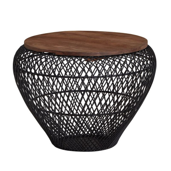 Wohnling Table basse en manguier massif métal 60x60x45 cm noir rond avec espace de rangement, table de salon design table en osier moderne, WL6.707