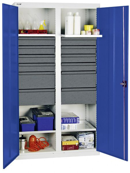 armoire à outils et matériel série 3000, 7035/5010, 8 tiroirs 100 mm, 4 tiroirs 200 mm, cloison centrale, 4 tablettes, 3004574