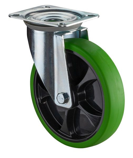 Roulette de transport pivotante BS Rollers, roue en caoutchouc thermoplastique, bandage vert, jante noire, roulement à rouleaux, platine, diamètre : 200 mm, L400.B44.201.04