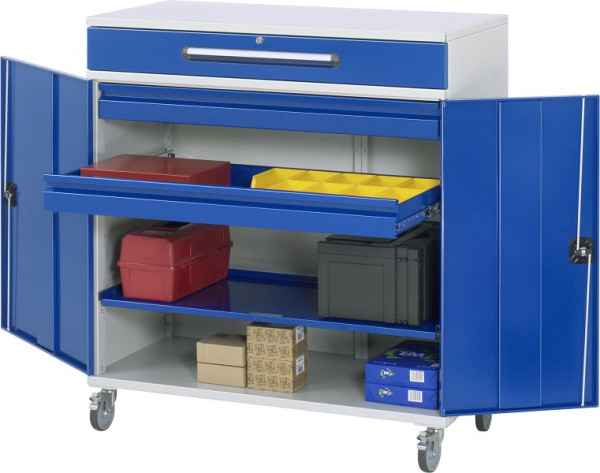 Bureau debout avec armoire latérale RAU - modèle 32, L1100 x P520 x H1185 mm, avec jeu de roulettes, 07-1100-M32F.11
