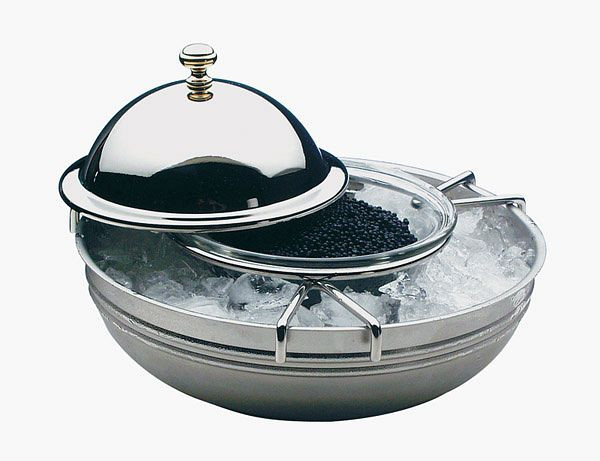 Refroidisseur à caviar APS, Ø 18 cm, hauteur : 10 cm, inox 18/8 poli, bol en verre Ø 10 cm, 4 pièces, 01699