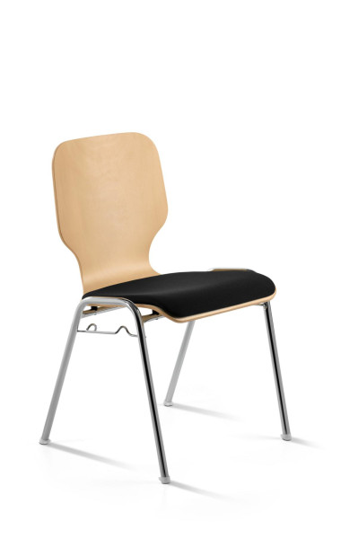 Chaise empilable Mayer Sitzmöbel , structure chromée, aspect hêtre, assise rembourrée, hauteur d'assise 46 cm, noir, dossier rembourré, 211604_01_26397