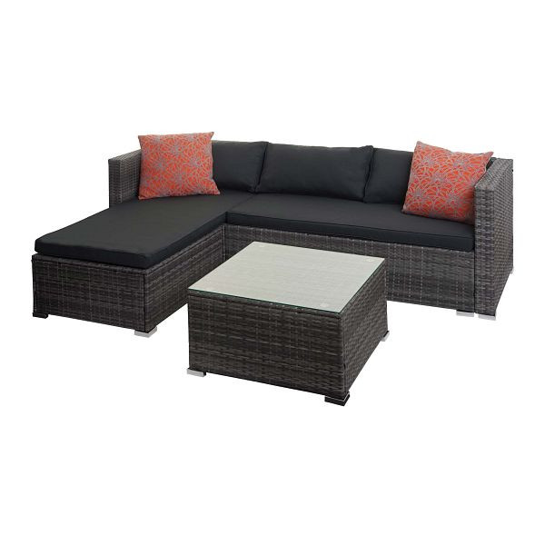 Mendler poly rotin ensemble HWC-F57, ensemble de balcon/jardin/salon canapé, gris, coussins gris foncé avec coussins décoratifs, 76133+76134+2x51880