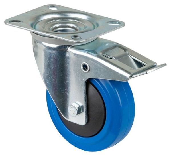 Rouleau de transport BS rollers avec frein, largeur 32 mm, Ø100 mm, jusqu'à 150 kg, pneus élastiques bleus, roulements à billes, lot de 4, L420.B62.101