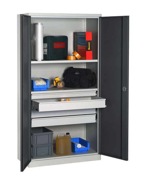 Armoire d'atelier équipée SOFAME 1000x500x1950mm, 1 tiroir télescopique + 3 tiroirs télescopiques + 2 étagères, gris clair, W030090025GCGC