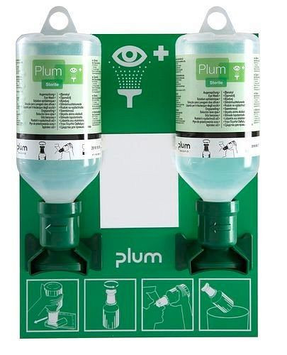Support mural DENIOS avec 2 flacons de rinçage oculaire contenant chacun 500 ml de solution saline, 137-641