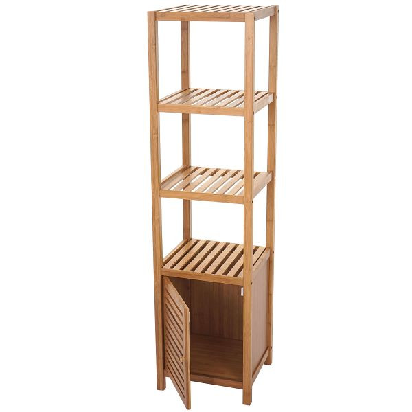 Étagère de salle de bain Mendler HWC-B18, étagère sur pied d'armoire de salle de bain avec porte, bambou, 140x36x34cm, 57554