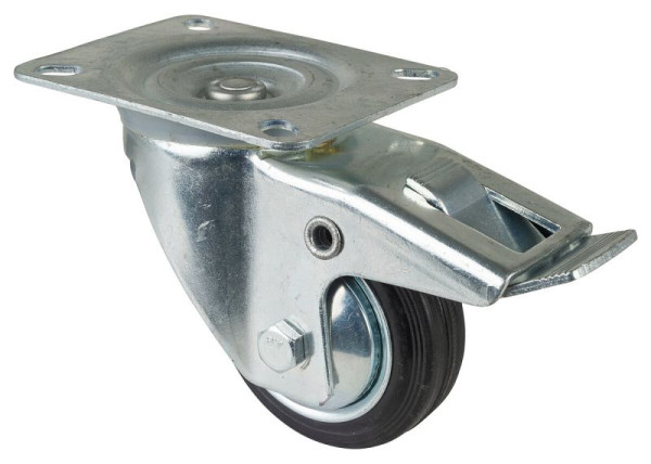 Rouleau de transport BS rollers avec frein, largeur 25 mm, Ø80 mm, jusqu'à 50 kg, caoutchouc noir, roulement à rouleaux, plateau, lot de 4, L420.B55.081