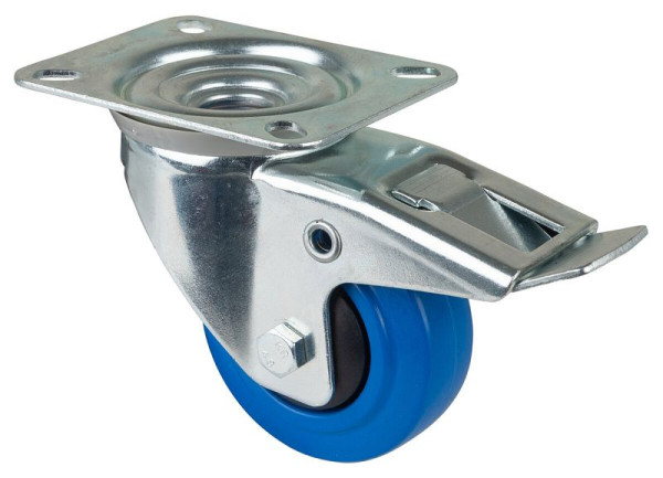 Rouleau de transport BS rollers avec frein, largeur 32 mm, Ø80 mm, jusqu'à 120 kg, pneus élastiques bleus, corps de roue en plastique, roulements à billes, L420.B62.081