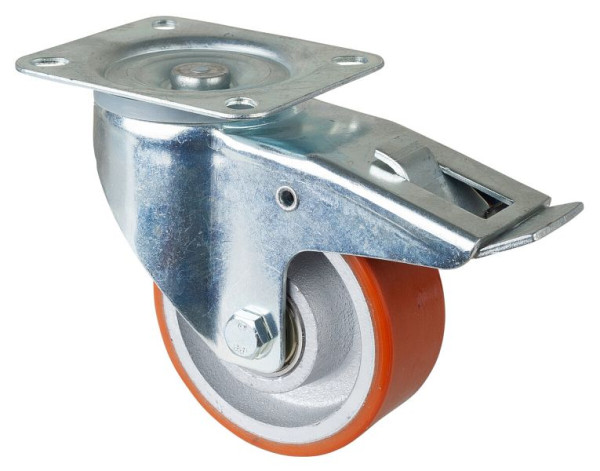 Rouleau de transport BS rollers avec frein, largeur 40 mm, Ø125 mm, jusqu'à 300 kg, polyuréthane coulé 95 Shore A, corps de roue coulé, roulement à billes, LSS420.C10.125