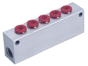 temporisateur B-VT-5x6-2x1/4-AL, bloc de distribution en aluminium avec 2 raccords filetés et 5 raccords enfichables, tuyau Ø : 6 mm, filetage : 1/4", UE : 5 pièces, 03903507