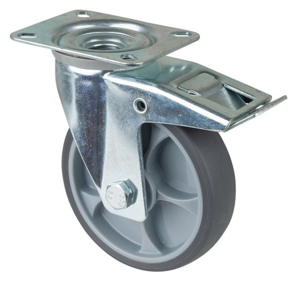Rouleau de transport BS rollers avec frein, largeur 32 mm, Ø125 mm, jusqu'à 120 kg, plastique, roulement à billes, plaque, lot de 2, L420.A85.127