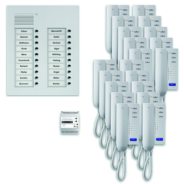 Système de commande de porte audio TCS : pack UP pour 20 unités résidentielles, avec poste extérieur PUK 20 boutons de sonnerie 2 colonnes, 20x interphones ISH3030, commande, PPU20 / 2-EN / 02